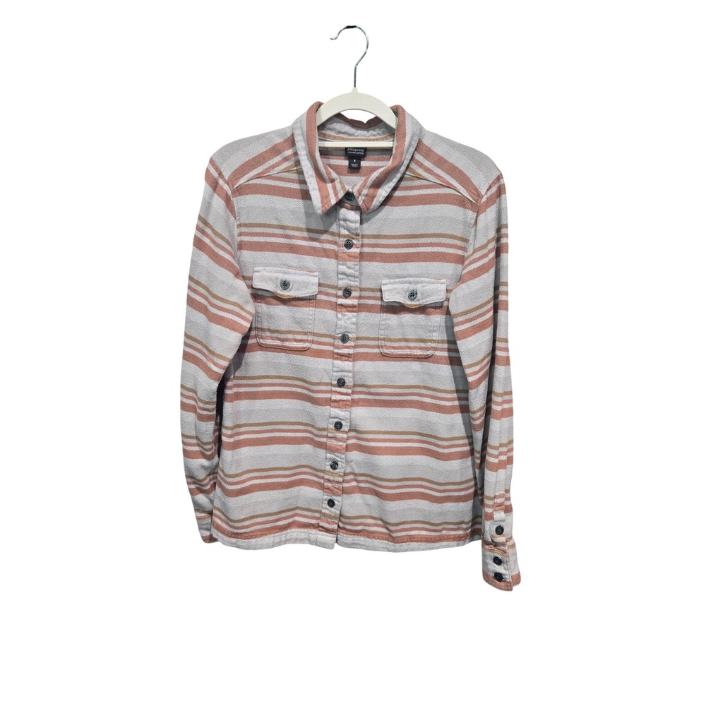 Patagonia Fjord Flannel Shirt Womens 8 Gray Orange Striped Organic Cotton L/S